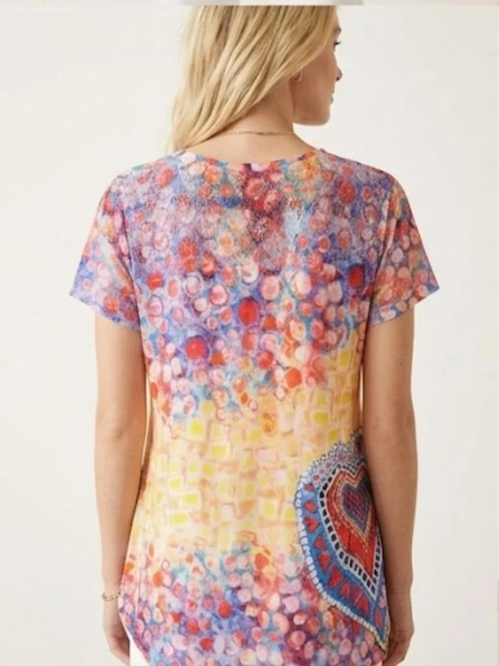 Leoma Lovegrove Multi Color Heart Print Lace Back V-Neck Tunic Blouse Size (M) - Picture 2 of 10